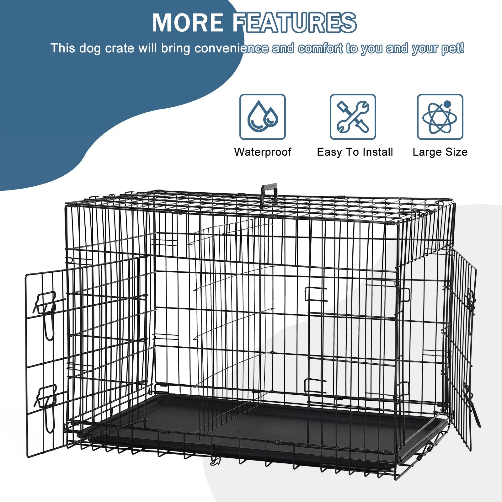 42 Inch Dog Crate, Dog Crates and Kennels Foldable Large Dog Crate for Large Dogs with Handle Double-Door Outdoor Metal Wire Dog Cage with Plastic Tray for Medium Dogs, Black