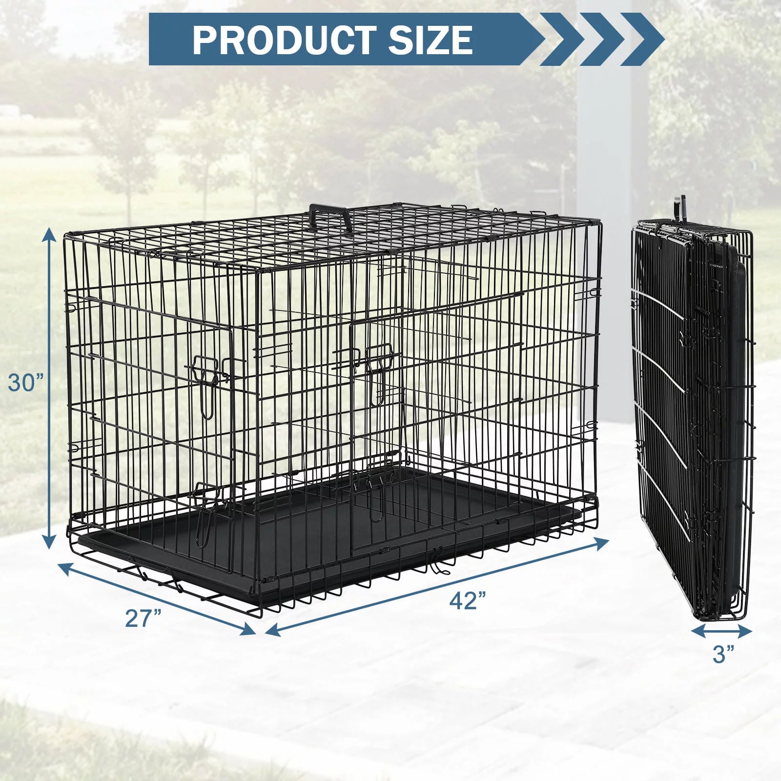 42 Inch Dog Crate, Dog Crates and Kennels Foldable Large Dog Crate for Large Dogs with Handle Double-Door Outdoor Metal Wire Dog Cage with Plastic Tray for Medium Dogs, Black