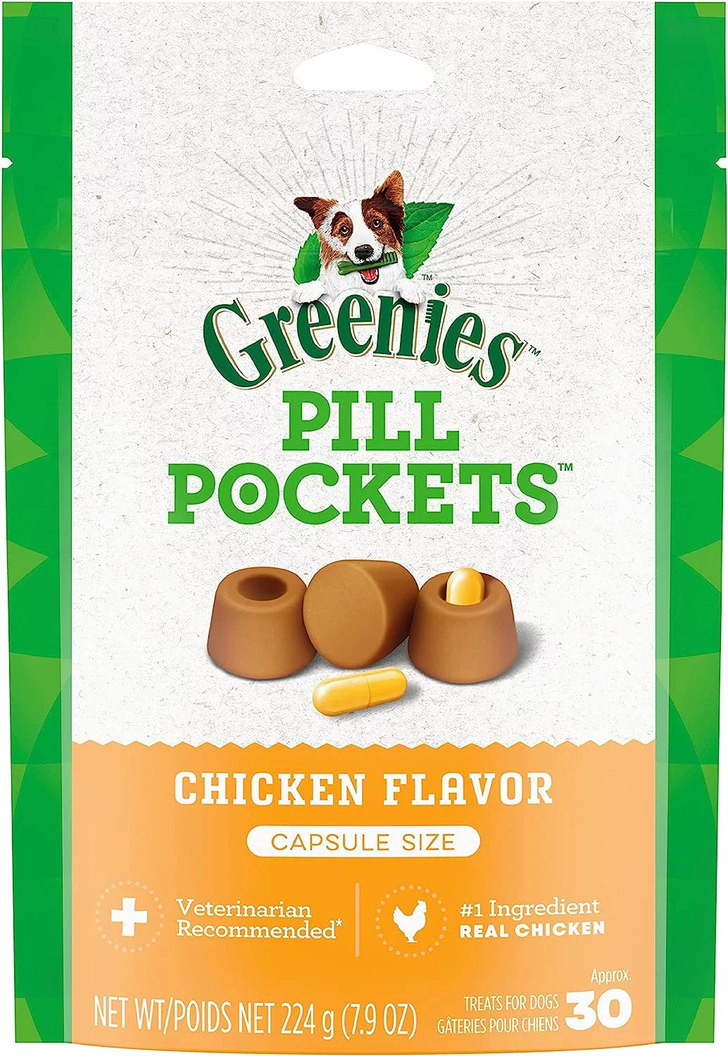 Pill Pockets for Dogs Capsule Size Natural Soft Dog Treats, Chicken Flavor, 7.9 Oz Pack (30 Treats)