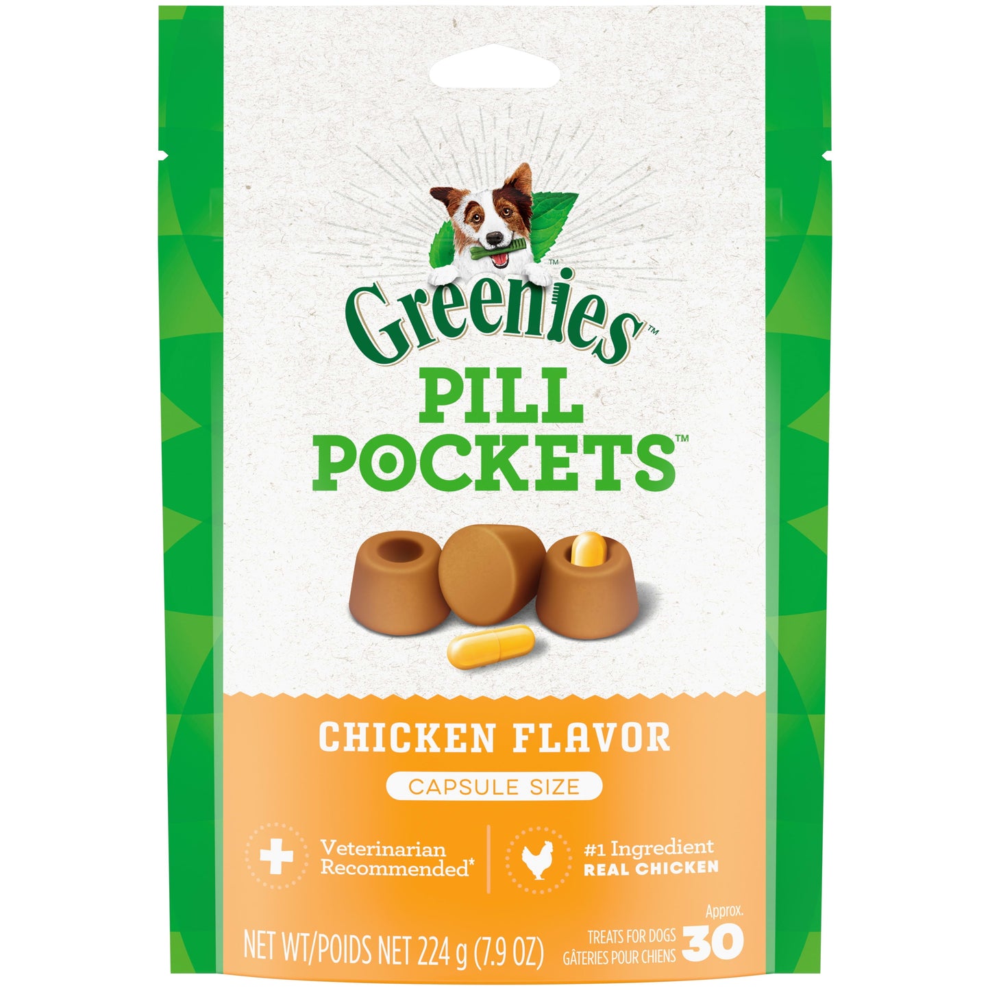 Pill Pockets for Dogs Capsule Size Natural Soft Dog Treats, Chicken Flavor, 7.9 Oz Pack (30 Treats)