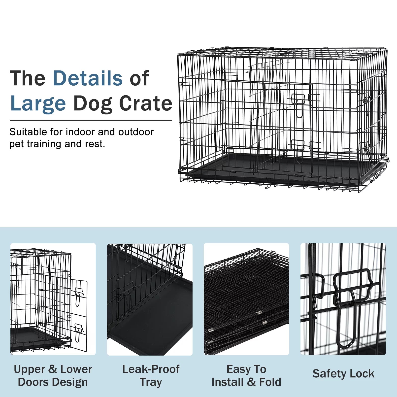 42 Inch Dog Crate, Dog Crates and Kennels Foldable Large Dog Crate for Large Dogs with Handle Double-Door Outdoor Metal Wire Dog Cage with Plastic Tray for Medium Dogs, Black